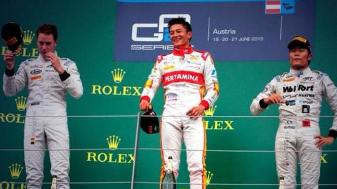 Pembalap Indonesia di GP2, Rio Haryanto, saat juara GP Austria