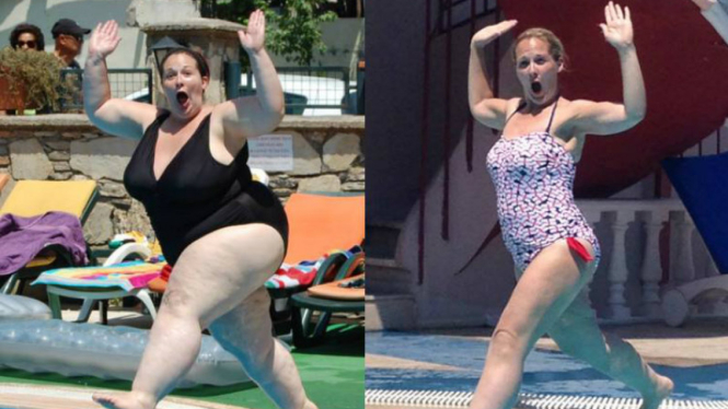 Caroline Kupfers pose dengan berat badan yang berbeda.