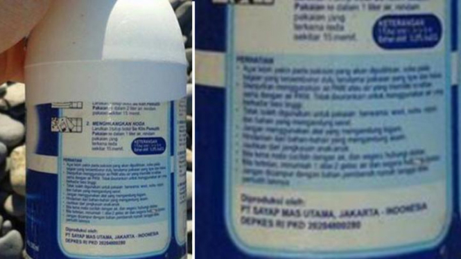 Botol deterjen bertuliskan Indonesia yang ditemukan di Reunion.