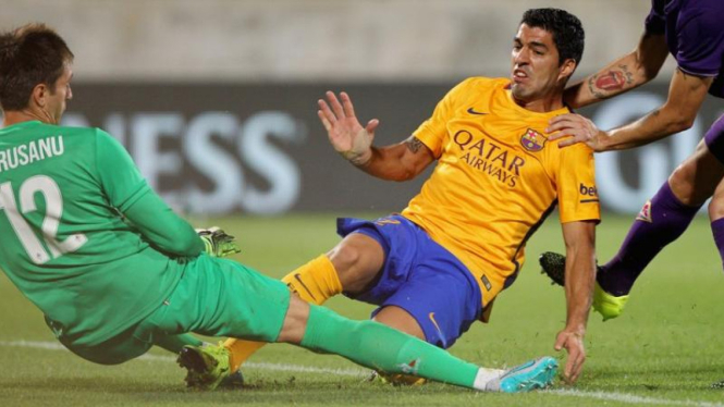 Pemain Barcelona, Luis Suarez, saat lawan Fiorentina