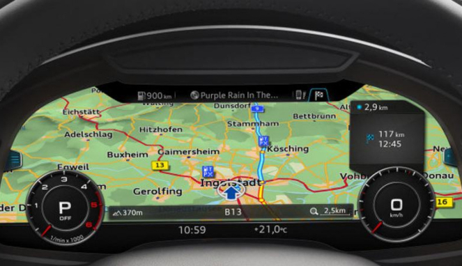 Dasbor mobil Audi yang dilengkapi dengan peta digital.
