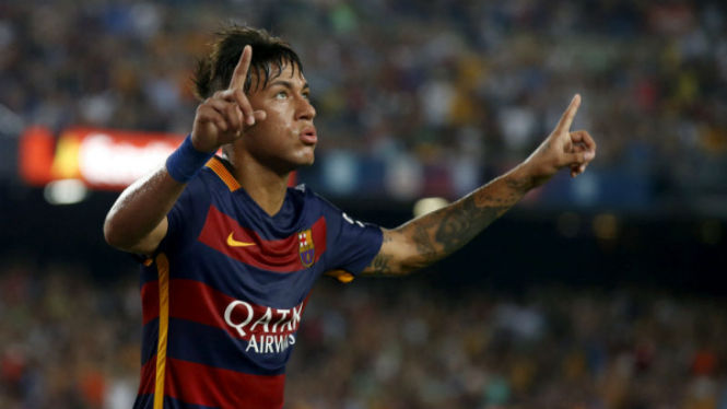 Pemain Barcelona, Neymar seusai mencetak gol ke gawang AS Roma