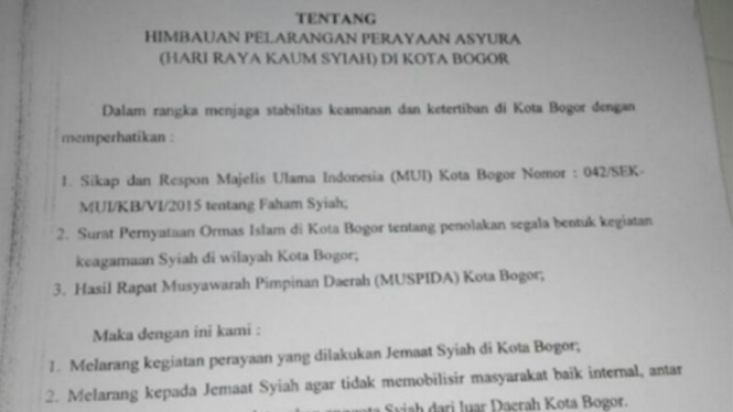 Surat edaran Wali Kota Bogor tentang pelarangan Syiah