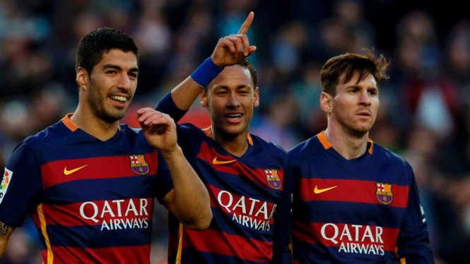 Trio penyerang Barcelona, Luis Suarez, Neymar, dan Lionel Messi.