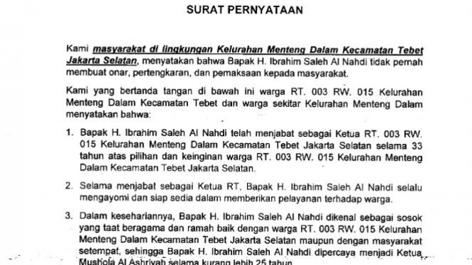 Surat pernyataan yang dibuat warga Menteng Dalam, Tebet.