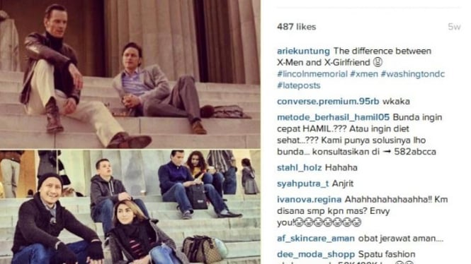 Arie Untung dan fenita berpose seperti adegan dalam film X-Men