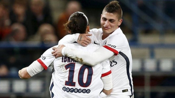 Pemain Paris Saint-Germain (PSG), Zlatan Ibrahimovic (10) dan Marco Verratti.