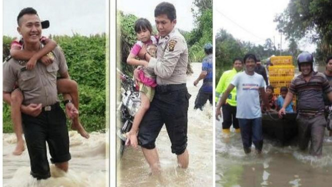 Inilah Aksi Sigap Para Polisi Yang Membantu Korban Banjir