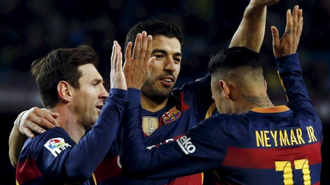 Trio penyerang Barcelona, Lionel Messi, Luis Suarez, dan Neymar