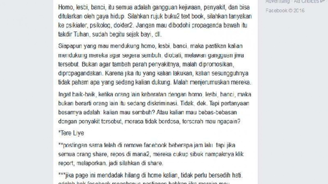 Postingan Tere Liye yang mengkritik LGBT