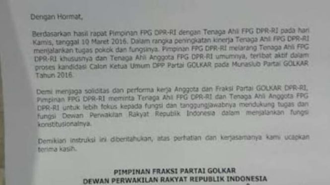 Surat yang diduga imbauan dari pimpinan Fraksi Partai Golkar.