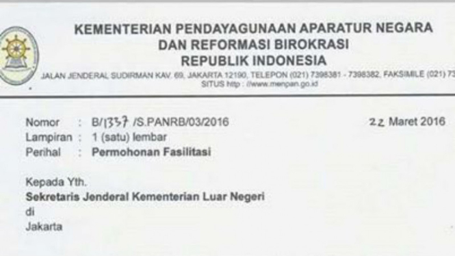 Surat sakti dari Menteri Yuddy untuk fasilitas ke luar negeri.