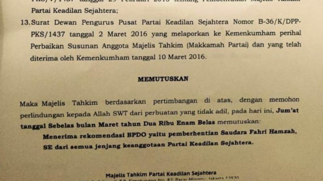 Surat diduga pemecatan Fahri Hamzah dari PKS yang beredar luas..