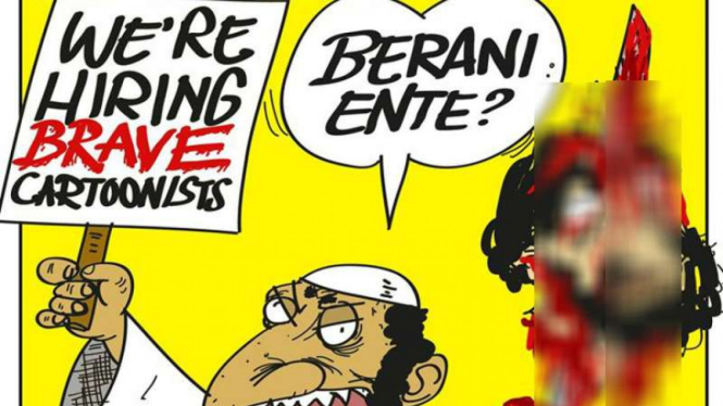 We're Hiring Brave Cartoonists atau kami siap membayar kartunis berani, demikian petikan teks komik satir Charlie Heboh yang beredar di jejaring sosial.