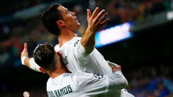 Selebrasi Cristiano Ronaldo dan Sergio Ramos.