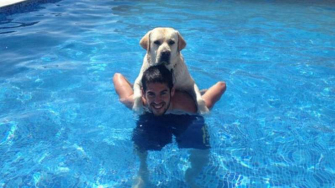 Gelandang Real Madrid, Isco, bersama anjingnya, Messi.