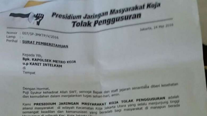 Surat penolakan terhadap Gubernur DKI Jakarta Basuki Tjahaja Purnama