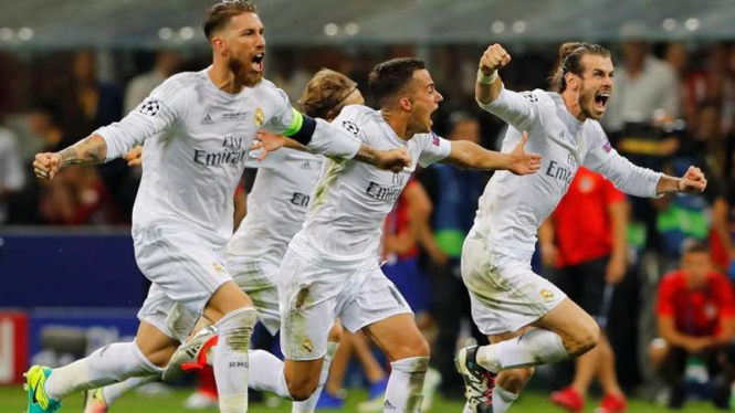 Para pemain Real Madrid merayakan sukses Liga Champions