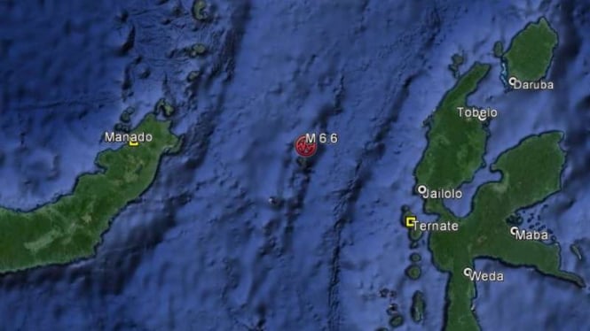 Lokasi gempa 6,6 SR di Ternate, Rabu 8 Juni 2016.