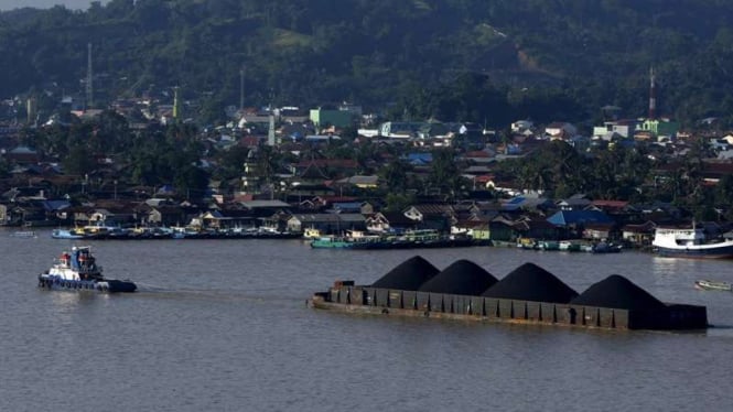 Kapal tongkang tugboat membawa batu bara di Sungai Mahakam