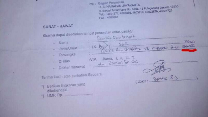 Surat pengantar Raudiah Elva Ningsih sebelum menjalani operasi ceasar.