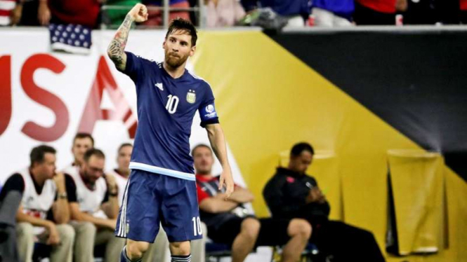 Selebrasi gol pemain Argentina, Lionel Messi.