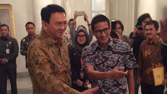 Gubernur DKI Jakarta, Basuki Tjahaja Purnama, dan Sandiaga Uno.