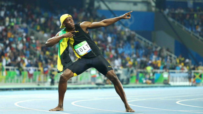 Aksi khas Pelari Tercepat di Dunia, Usain Bolt, usai lomba. 