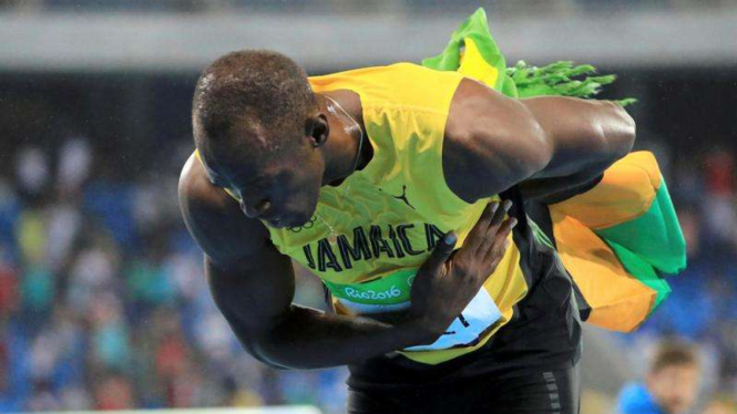Sprinter Jamaika, Usain Bolt, usai juarai nomor 200 meter Olimpiade 2016 Rio