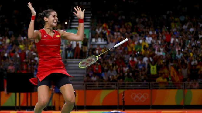 Tunggal putri Spanyol, Carolina Marin, usai menang di final Olimpiade Rio 2016