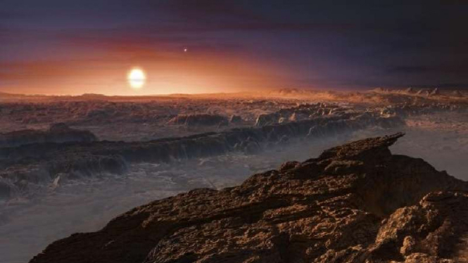 Ilustrasi permukaan Proxima b yang mengorbit bintangnya, Proxima Centauri