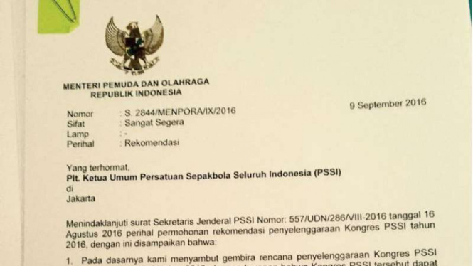 Surat permintaan Menpora Imam Nahrawi terkait lokasi KLB PSSI.