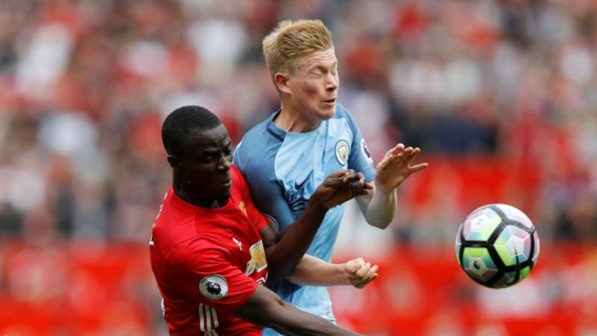 Pemain Manchester City, Kevin De Bruyne, saat lawan Manchester United musim lalu.