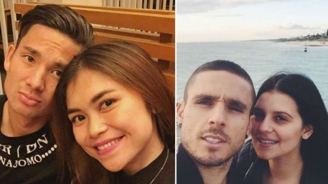 Dua pemain Persib Bandung, Kim Kurniawan dan Diogo Ferreira bersama pasangannya