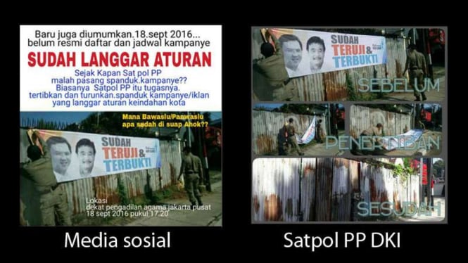 Gambar yang beredar tentang pemasangan spanduk dan bantahan Satpol PP DKI