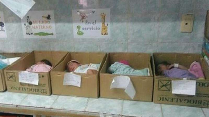 Bayi baru lahir disimpan di dalam kardus di Venezuela.