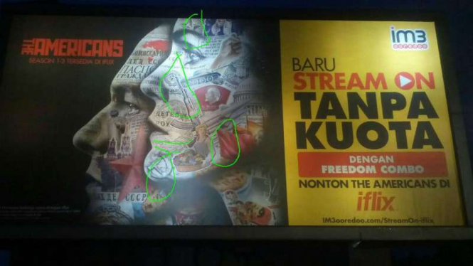 Gambar palu arit pada iklan Indosat IM3 Ooredoo di Lenteng Agung, Jaksel.