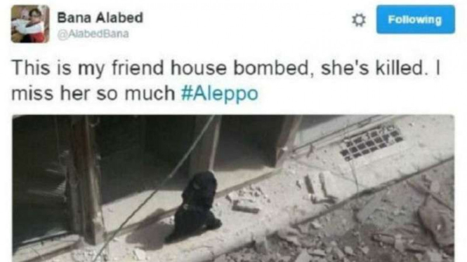 Akun Twitter Bana Alabed, gadis cilik dari Aleppo,Suriah.