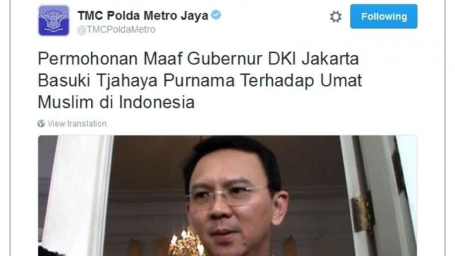 Tautan berita permohonan maaf Gubernur DKI Jakarta Basuki Thahaja Purnama atau Ahok di akun twitter milik TMC Polda Metro Jaya, Senin (10/10/2016)