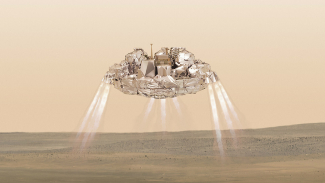 Ilustrasi pesawat pendarat Schiaparelli mendarat di Planet Mars.