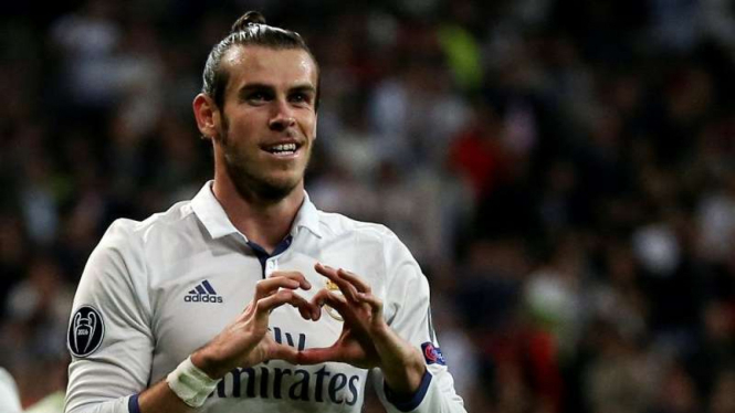 Selebrasi pemain Real Madrid, Gareth Bale, usai cetak gol.