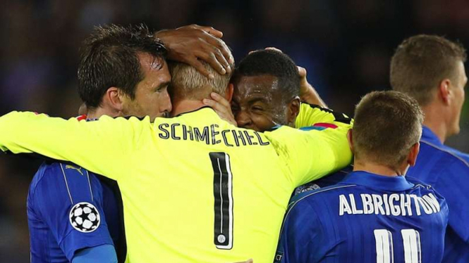 Pemain Leicester City merayakan kemenangan atas FC Copenhagen