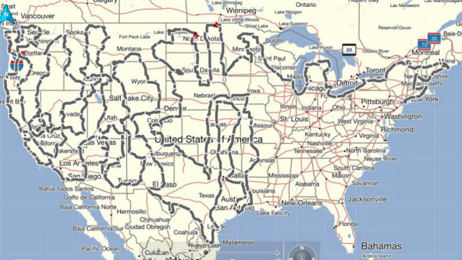 Peta perjalanan keliling Amerika Serikat.