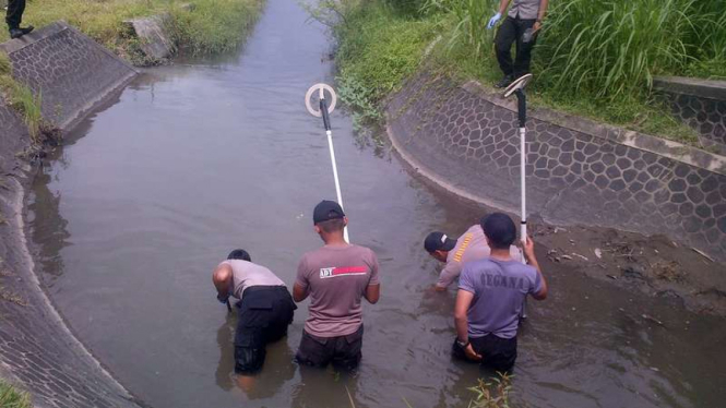 Tim Gegana Polda Yogyakarta menyusuri aliran sungai di tempat ledakan bom rakitan yang terinjak kerbau di Kabupaten Bantul, Selasa (1/11/2016)