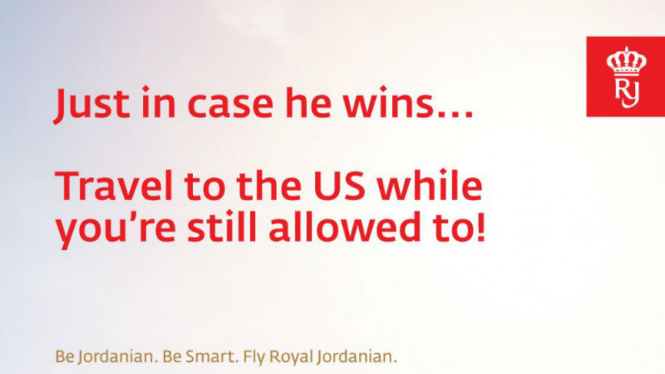 Salah satu iklan maskapai Royal Jordanian semasa Donald Trump Kampanye.