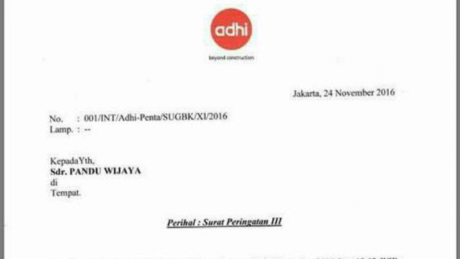 Surat peringatan PT Adhi Karya untuk Pandu Wijaya karena hina Gusmus