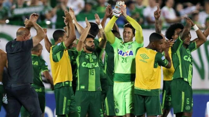 Selebrasi kemenangan para pemain Chapecoense pada 23 November 2016.