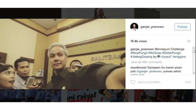 Gubernur Ganjar Pranowo mempraktikkan tantangan Mannequin Challenge bersama sejumlah awak media di Kantor Gubernur Jawa Tengah. Video ini diunggah Ganjar di instagramnya, Kamis (1/12/2016)