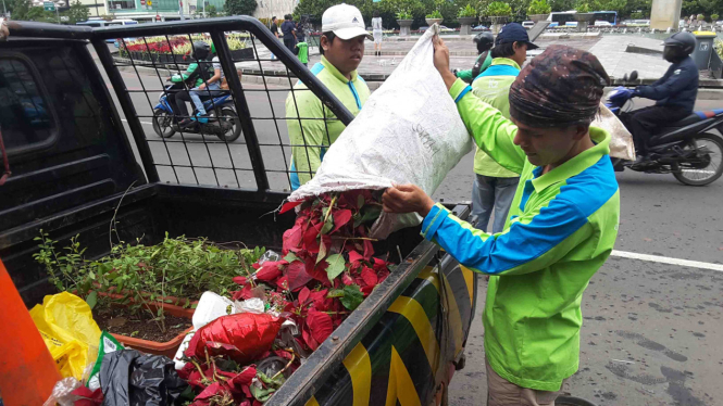 Tanaman dan bunga yang rusak di bundaran HI akibat aksi Kita Indonesia