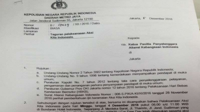 Surat teguran dari Polda Metro Jaya untuk panitia aksi Kita Indonesia 412